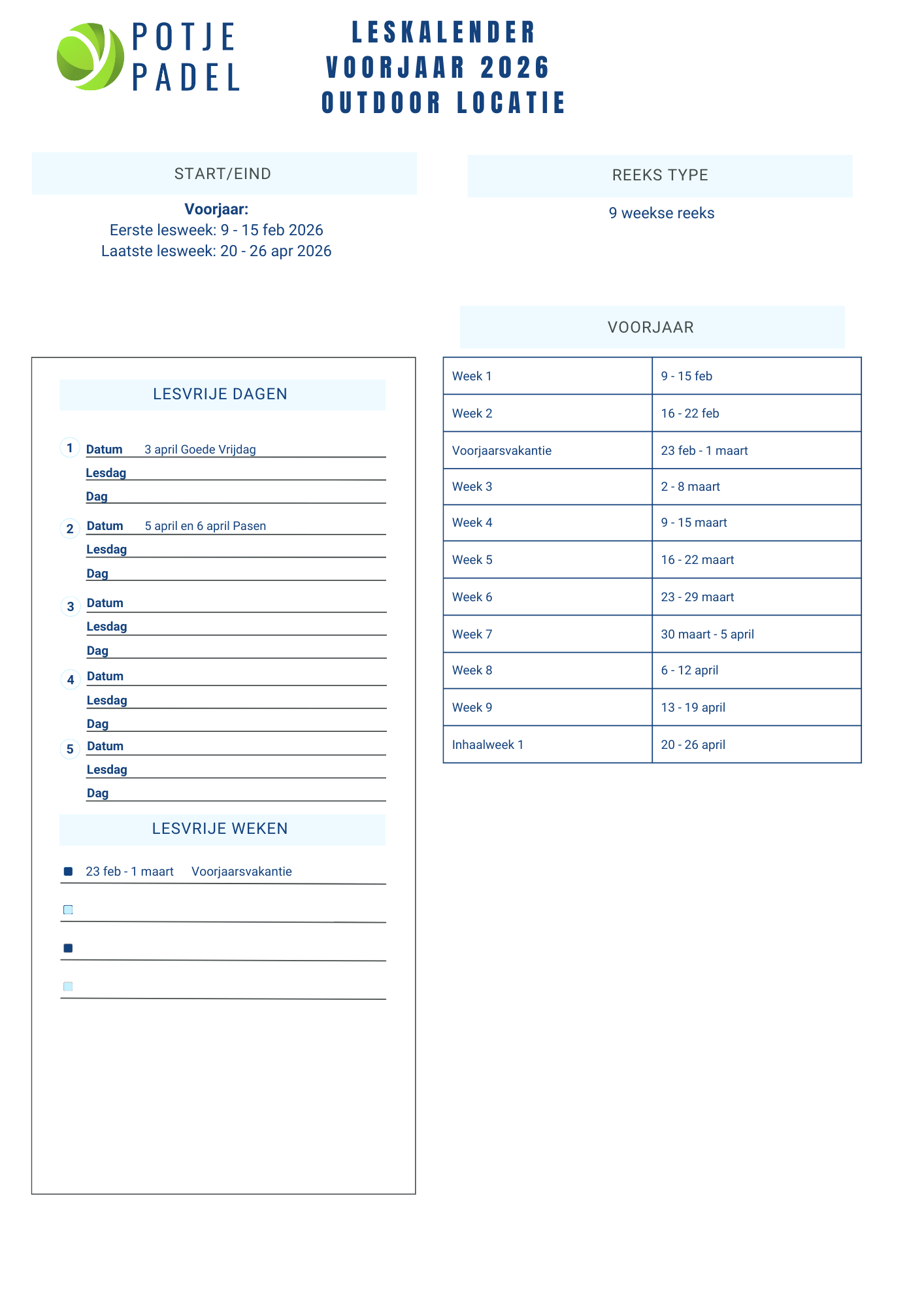 Leskalender 2026 voorjaar (outdoor)